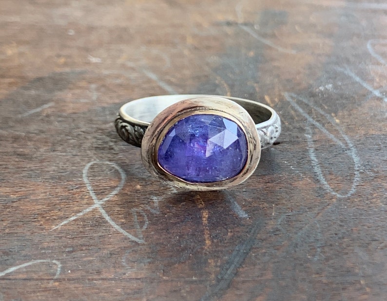 Tanzanite Ring-Handmade Rose Cut Tanzanite 14kt Gold and Sterling Stacking Ring-OOAK