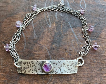 Amethyst Bracelet-Textured Sterling Silver Chain and Amethyst Bracelet-OOAK