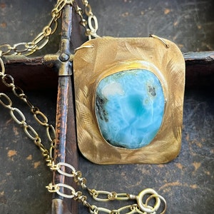 Larimar Gemstone Necklace Larimar and Brass Necklace with Gold Filled Chain image 1