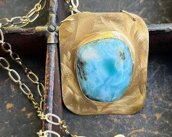 Larimar Gemstone Necklace- Larimar and Brass Necklace with Gold Filled Chain