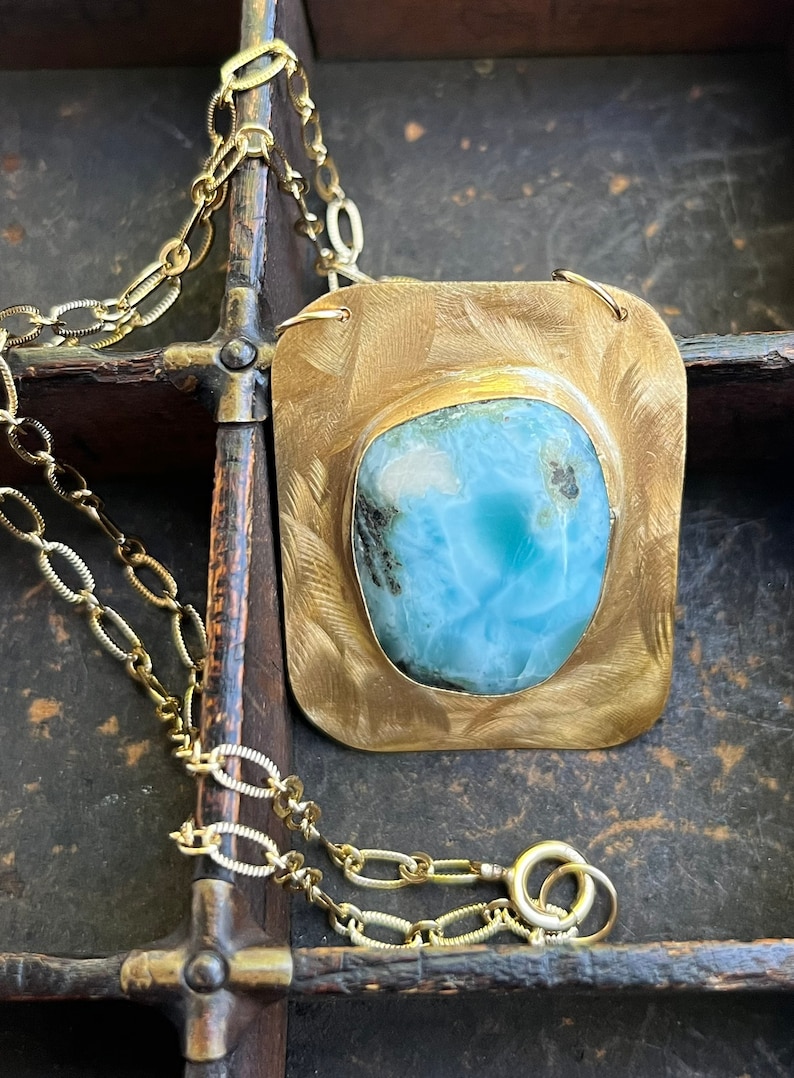 Larimar Gemstone Necklace Larimar and Brass Necklace with Gold Filled Chain image 1