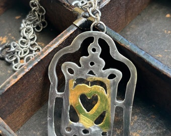 Rustic Heart Necklace- Pure Silver with 23kt Gold Overlay Rustic Statement Heart Necklace-OOAK