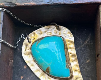 Turquoise Necklace-Freeform Kingman Turquoise Gemstone set in Brass on Oxidized Sterling Silver Chain