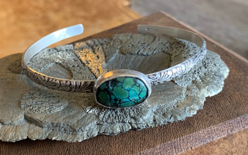 Turquoise and Sterling Silver Cuff OOAK Handmade Turquoise Cabochon and Textured Sterling Silver Stackable Cuff Bracelet