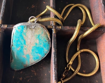 Turquoise Necklace-Large Statement Turquoise Necklace with Oxidized Sterling Silver and Brass Chain