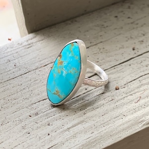Turquoise Ring- Handmade Turquoise and Sterling Silver Statement Ring with Textured Band - OOAK
