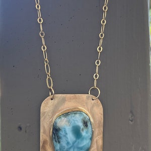 Larimar Gemstone Necklace Larimar and Brass Necklace with Gold Filled Chain image 6