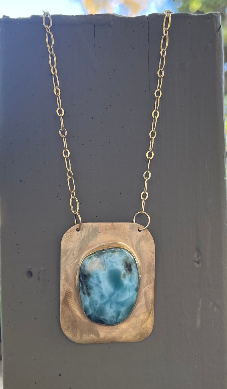 Larimar Gemstone Necklace Larimar and Brass Necklace with Gold Filled Chain image 6