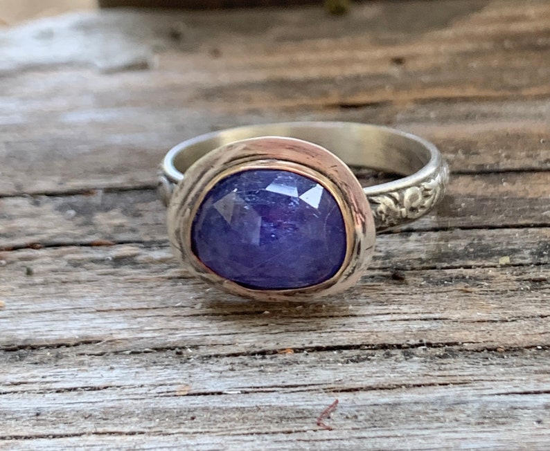 Tanzanite Ring-Handmade Rose Cut Tanzanite 14kt Gold and Sterling Stacking Ring-OOAK