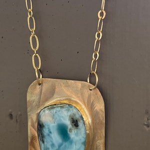 Larimar Gemstone Necklace Larimar and Brass Necklace with Gold Filled Chain image 2