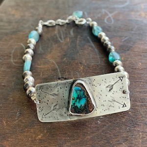 Boulder Opal Bracelet-Handmade Stamped Sterling Silver with Boulder Opal, Apatite Gemstones, Sterling Silver Beads Adjustable Bracelet-OOAK