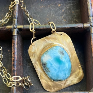 Larimar Gemstone Necklace Larimar and Brass Necklace with Gold Filled Chain image 4