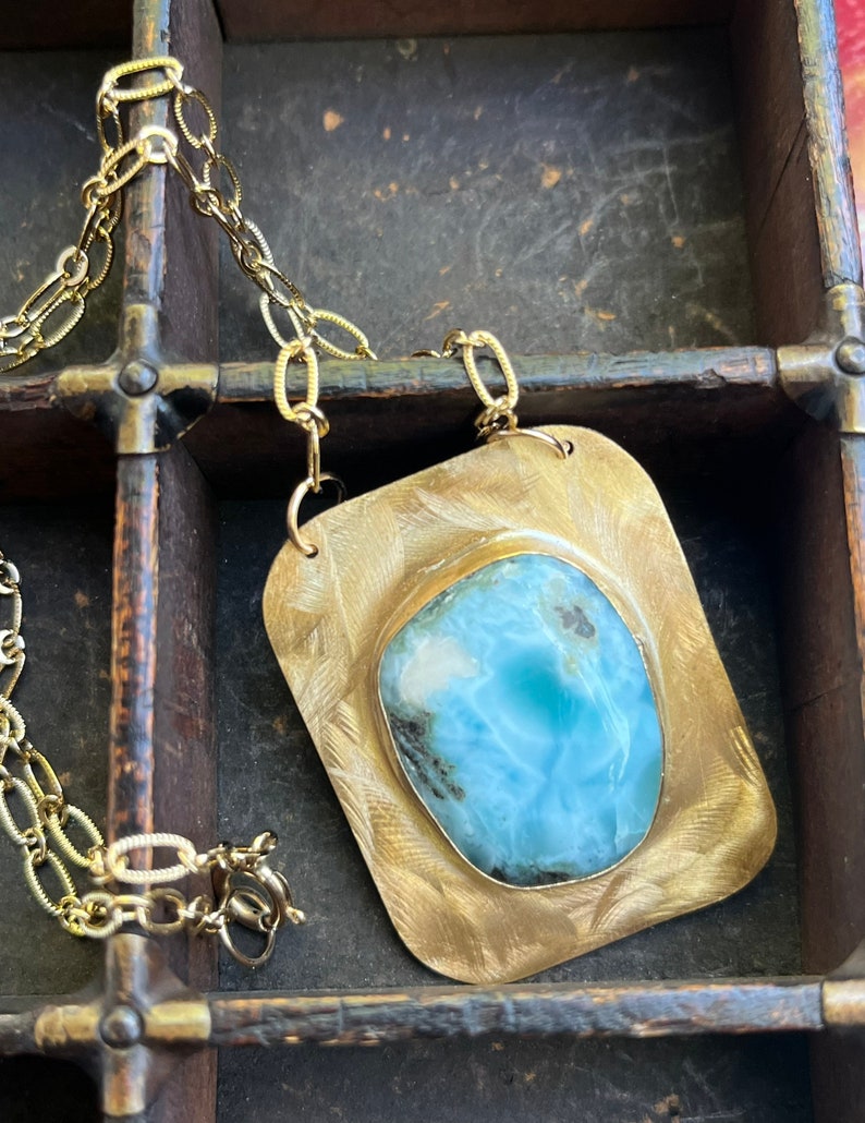 Larimar Gemstone Necklace Larimar and Brass Necklace with Gold Filled Chain image 4