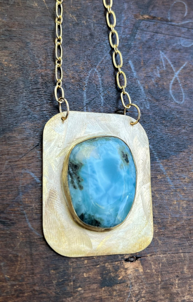 Larimar Gemstone Necklace Larimar and Brass Necklace with Gold Filled Chain image 3