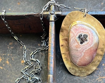 Rhodochrosite Necklace- Pink Rhodochrosite with Hematite set in Textured Brass on Oxidized Sterling Silver Chain