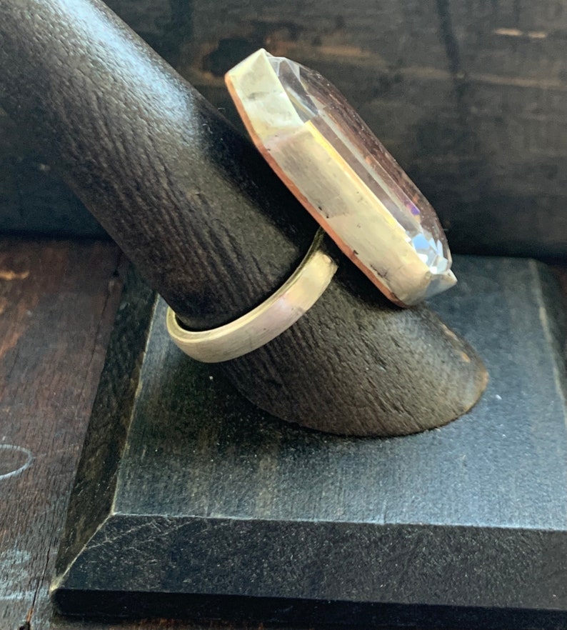Anillo de cuarzo-cristal de roca facetado transparente cuarzo grabado cobre y anillo de declaración de plata de ley oxidada imagen 8