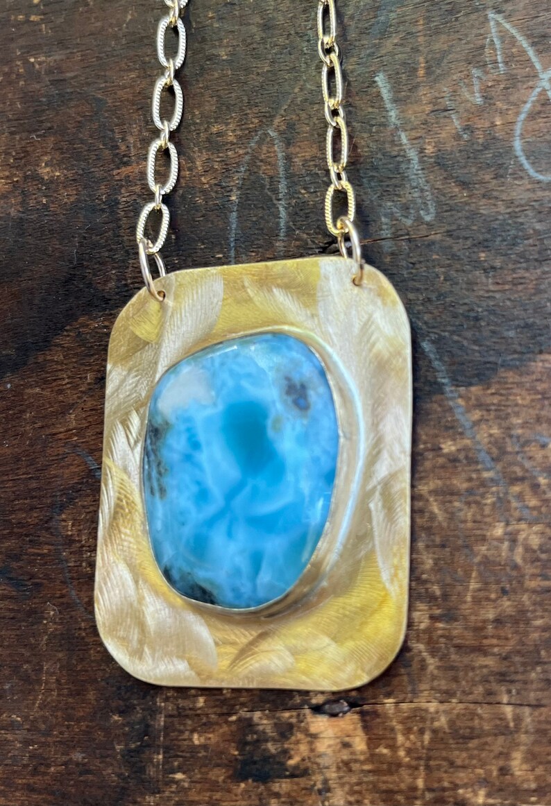 Larimar Gemstone Necklace Larimar and Brass Necklace with Gold Filled Chain image 5