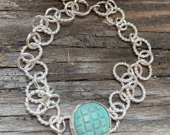 Turquoise Bracelet-Handmade Carved Light Blue Turquoise and Sterling Silver Alternating Chain Bracelet-OOAK