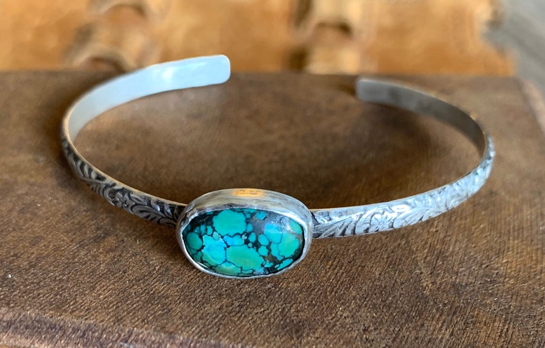 Turquoise and Sterling Silver Cuff OOAK Handmade Turquoise Cabochon and Textured Sterling Silver Stackable Cuff Bracelet