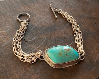 Turquoise Bracelet-Handmade Blue Turquoise Stamped Metal Sterling Silver Chain with Toggle Clasp Bracelet-OOAK