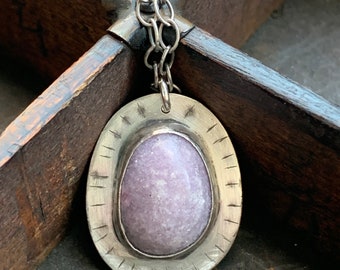 Lepidolite Necklace - Handmade Textured Sterling Silver and Lavender Lepidolite Necklace - OOAK