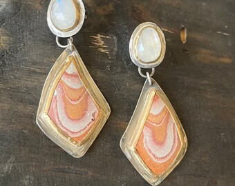 Rhyolite and Moonstone Earrings-Freeform Banded Rhyolite and Rose Cut Moonstone Post Earrings set in Brass and Sterling Silver