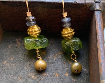 Gemstone Earrings- Peridot Iolite and Pearl Gold Fill Dangle Earrings