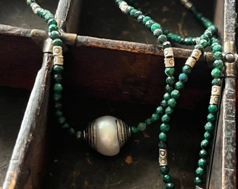 Malachite and Pearl Necklace-Facets Malachite with Stamped Sterling Silver Beads and Pearl Center Bead