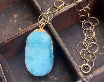 Druzy Necklace- Handmade Gold Electroformed Dyed Blue Druzy Pendant Necklace with Gold Filled Bubble Chain - OOAK