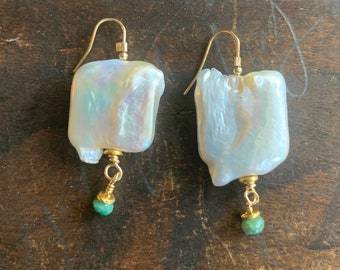 Pearl Earrings-Pearl, Emerald Gold Filled Statement Earrings