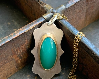 Chrysoprase Necklace – Green Chrysoprase, Sterling SIlver & Brass Pendant Necklace - OOAK