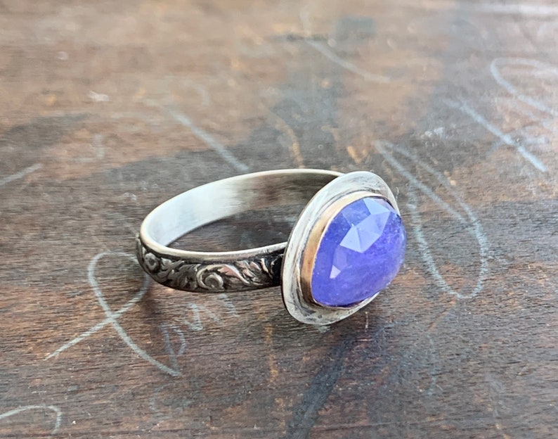 Tanzanite Ring-Handmade Rose Cut Tanzanite 14kt Gold and Sterling Stacking Ring-OOAK