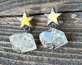 Star Earrings-Pure Silver with 23kt Gold Overlay Star Post Earrings and Herkimer Diamond Drops