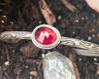 Garnet Bracelet-Rose Cut Garnet and Textured Sterling Silver Stacking Bangle Bracelet