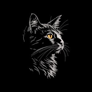 May include: A monochrome illustration of a cat's head in profile, set against a black backdrop. The cat's fur is depicted with white lines, and its eye is a vibrant yellow-orange. The cat is gazing towards the right.