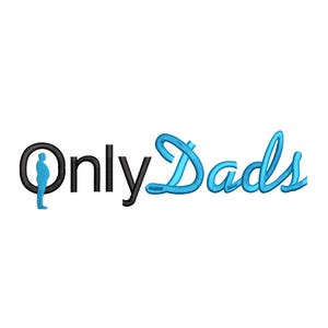 May include: The words "Only Dads" are displayed in a stylized font. The word "Only" is in black, with a blue embroidered silhouette of a person inside the "O". The word "Dads" is in a flowing, light blue script.