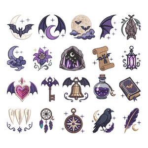 Halloween Bat Moon Embroidery Designs Bundle, Spooky Season, Halloween Clipart Machine Embroidery, Digital Download, Crow Feather Book Lamp