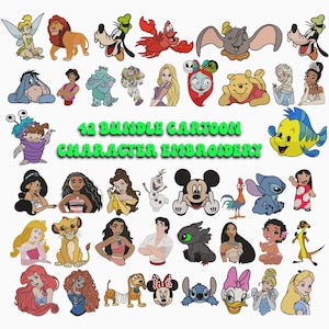 Disegni da ricamo a cartoni animati, Pacchetto di disegni da ricamo a cartoni animati, File per macchina, Ricamo a forma di cuore con personaggi dei cartoni animati, Ricamo da scaricare in 6 dimensioni