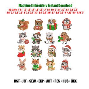 Op de afbeelding: Een verzameling van 16 machineborduurontwerpen met kerstthema-dieren, waaronder een eekhoorn, beer, puppy, pinguïn, kat, panda, ijsbeer, roodborstje, hamster, wasbeer, uil, konijn, vos en zeehond in 35 maten van 1" tot 5".