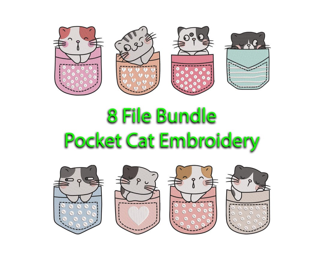 Pocket Cat Embroidery Design Bundle, Kitten Machine Embroidery ...