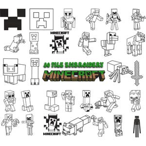 Könnte beinhalten: Ein Set mit 20 schwarzen und weißen Stickmustern mit Charakteren und Objekten aus dem beliebten Videospiel Minecraft. Die Designs beinhalten einen Creeper, ein Schwein, ein Schwert, eine Spinne und mehr.