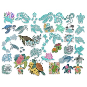 May include: A selection of embroidered turtle patches in diverse designs and colours. Some turtles are teal, others brown, green, and blue. Many are decorated with flowers, coral, and tropical scenes. The patches are arranged on a white background.