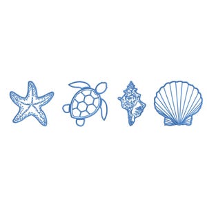 May include: Four blue line art illustrations of sea creatures on a white background. The images include a starfish, a turtle, a conch shell, and a scallop shell. The designs are simple and elegant, perfect for coastal-themed crafts.