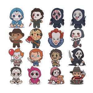 May include: A set of cartoon illustrations featuring characters from horror films, such as Jason Voorhees, Michael Myers, and Freddy Krueger. Each character is rendered in a cute, chibi style, holding their iconic weapons or props. The overall aesthetic is bright and colourful.