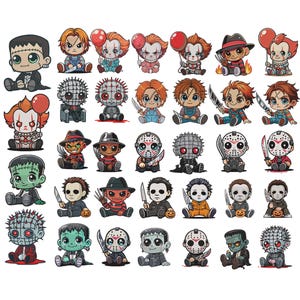 May include: A selection of cartoon illustrations featuring characters from horror films. Each character is rendered in a cute, chibi style, with large features and vibrant colours. Characters include Frankenstein, Pennywise, and Freddy Krueger.