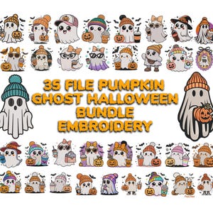 Peut inclure: Ensemble de motifs de fantômes de dessins animés avec des citrouilles, des tasses à café et des accessoires. Le texte indique "35 File Pumpkin Ghost Halloween Bundle Embroidery". Les fantômes portent des chapeaux, des lunettes de soleil et des nœuds.