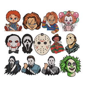 Può includere: Illustrazioni di personaggi di film horror in stile cartoon, tra cui Chucky, Pennywise e Freddy Krueger. Ogni personaggio è raffigurato con tratti ed espressioni distintive, su sfondo bianco.