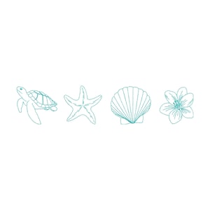 May include: A line drawing of a sea turtle, starfish, seashell, and flower in teal on a white background. The illustrations are in a stitched embroidery style, suggesting a nautical or beach theme.