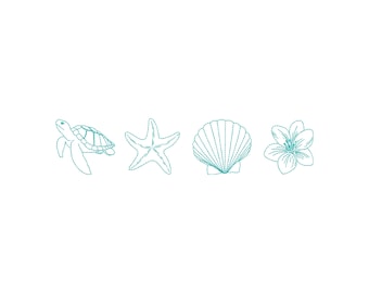 May include: A teal line drawing of a sea turtle, starfish, seashell, and flower on a white background. The illustrations are in a stitched embroidery style, suggesting a nautical or beach theme.