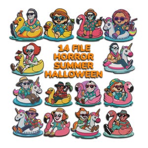 Peut inclure: Ensemble de 14 illustrations de personnages de films d'horreur sur des bouées gonflables. Les personnages portent des lunettes de soleil et des chemises tropicales, avec le texte "14 FILE HORROR SUMMER HALLOWEEN" en orange.